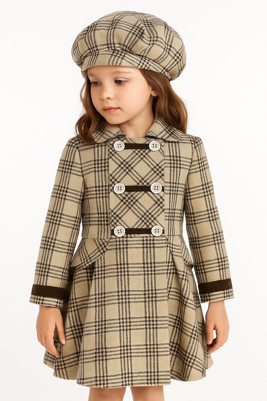 Ensemble manteau à carreaux beige et chapeau à nœud assorti pour fille