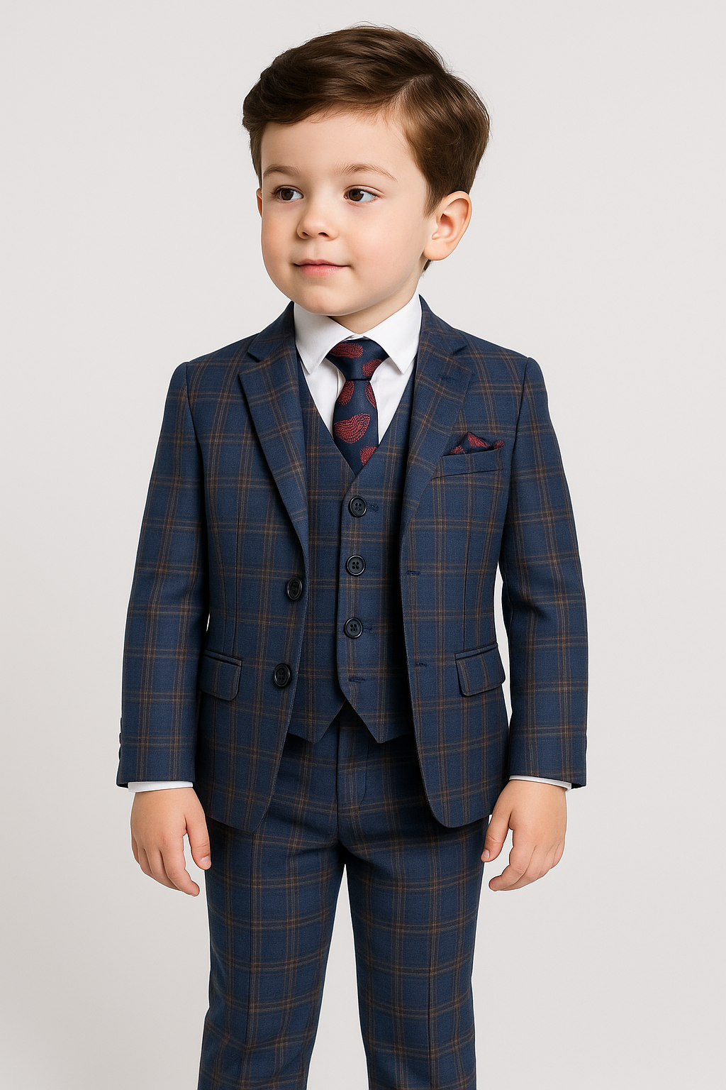 Costume à Carreaux Rétro Tailored Fit Bleu Marine pour Garçons - Bleu Marine - Or - Marron
