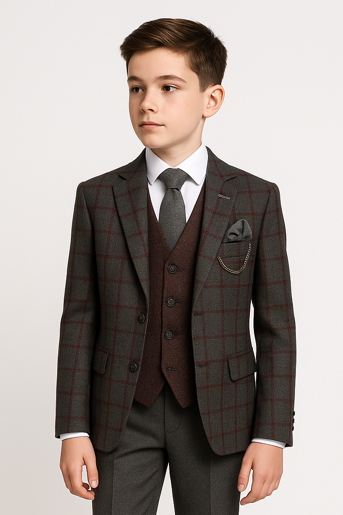 Jungen Maßgeschneiderter Windowpane Retro Karoanzug - Grau - Burgunder