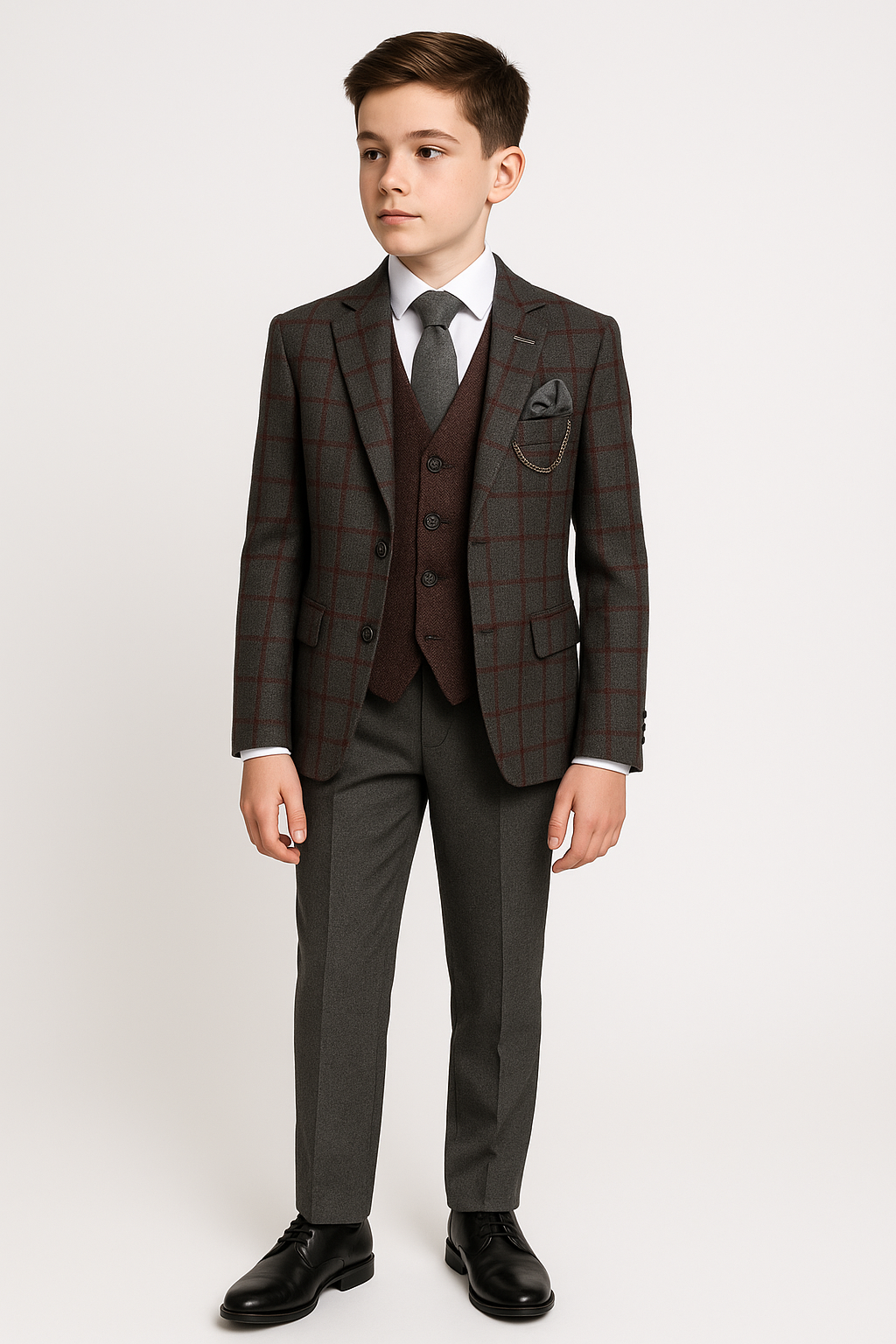 Jungen Maßgeschneiderter Windowpane Retro Karoanzug - Grau - Burgunder