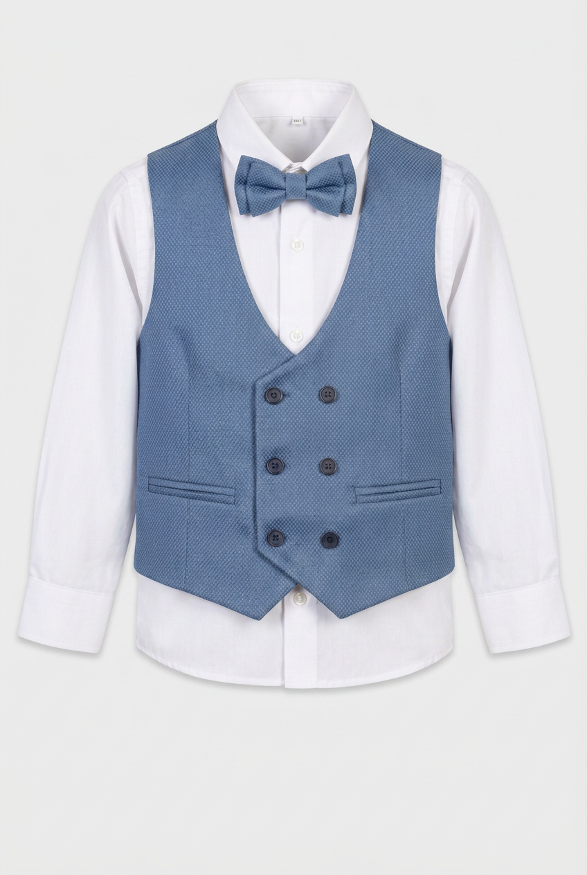 Boys 5-Piece Textured Weave Suit with Double Breasted Waistcoat - Indigo Blue
