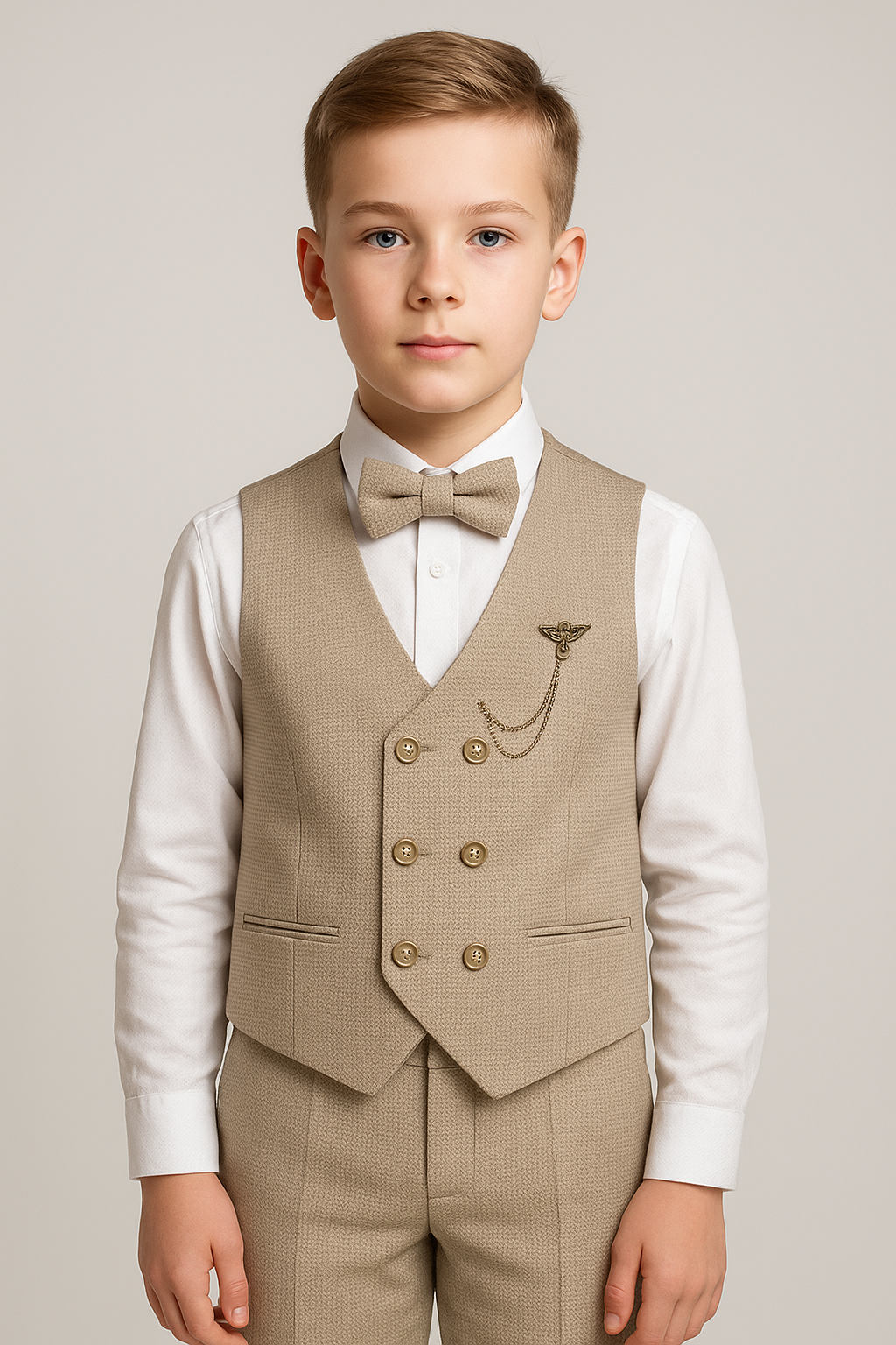 5-Piece Textured Double Breasted Waistcoat Suit - MATRIX - Beige Model Picture