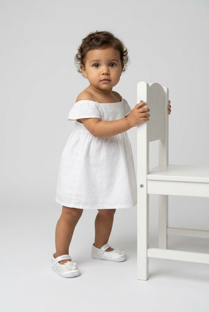 Scarpine per carrozzina in raso con fiore per bambina - Bianco