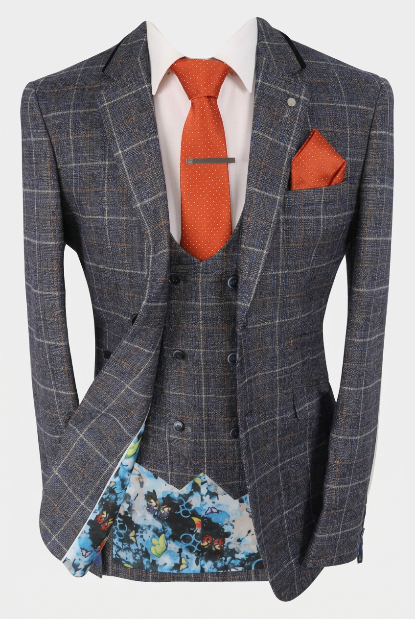 Men’s Navy Grey Check 3-Piece Suit with Double-Breasted Waistcoat