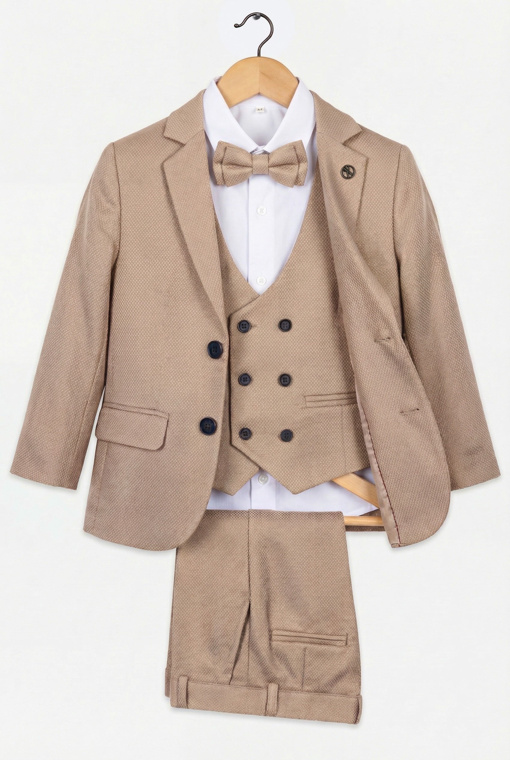 Traje de 5 piezas para niños con tejido texturizado y chaleco cruzado - Canela