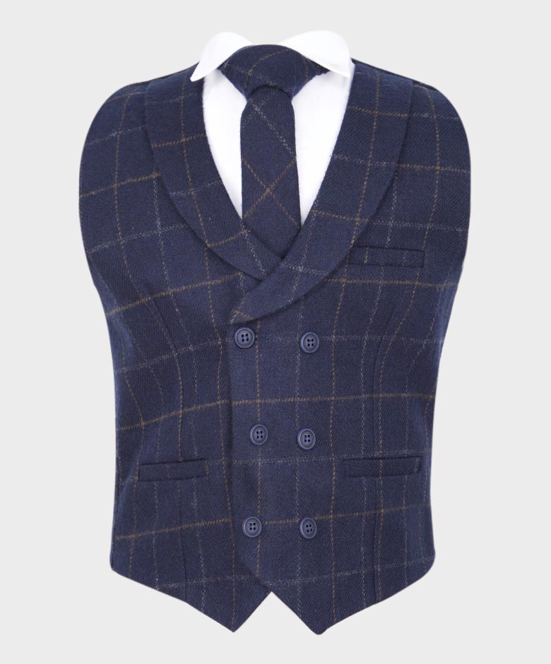 Boys Tailored Fit  Herringbone Tweed Check Waistcoat Set - Navy Blue