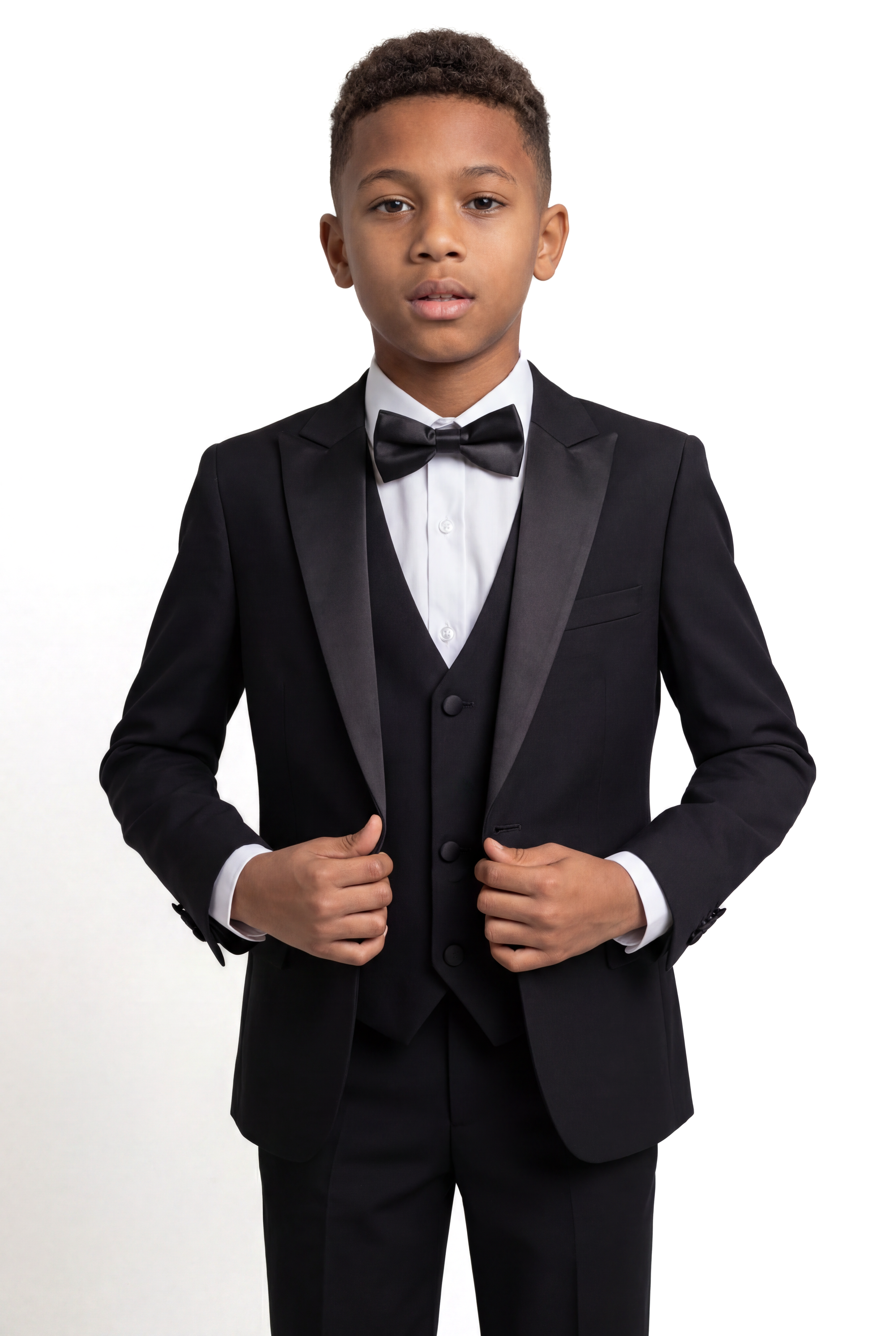 Traje de esmoquin negro para niños con camisa de puños y gemelos