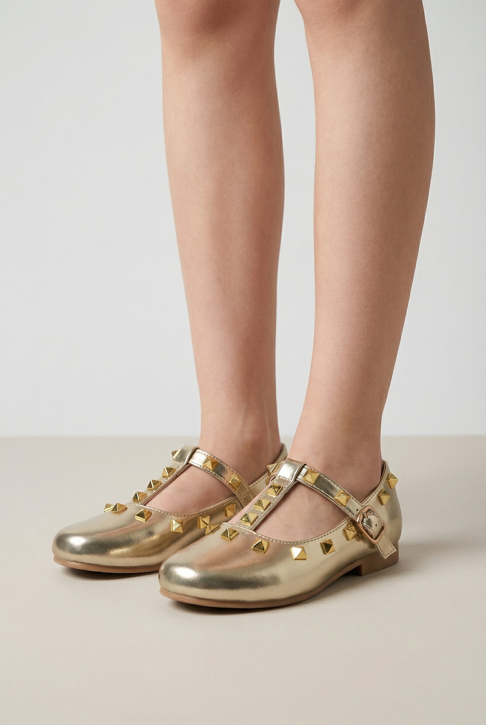 Babies & Girls Metallic Studded Mary Jane Flat Shoes - Vali - Gold Model Picture