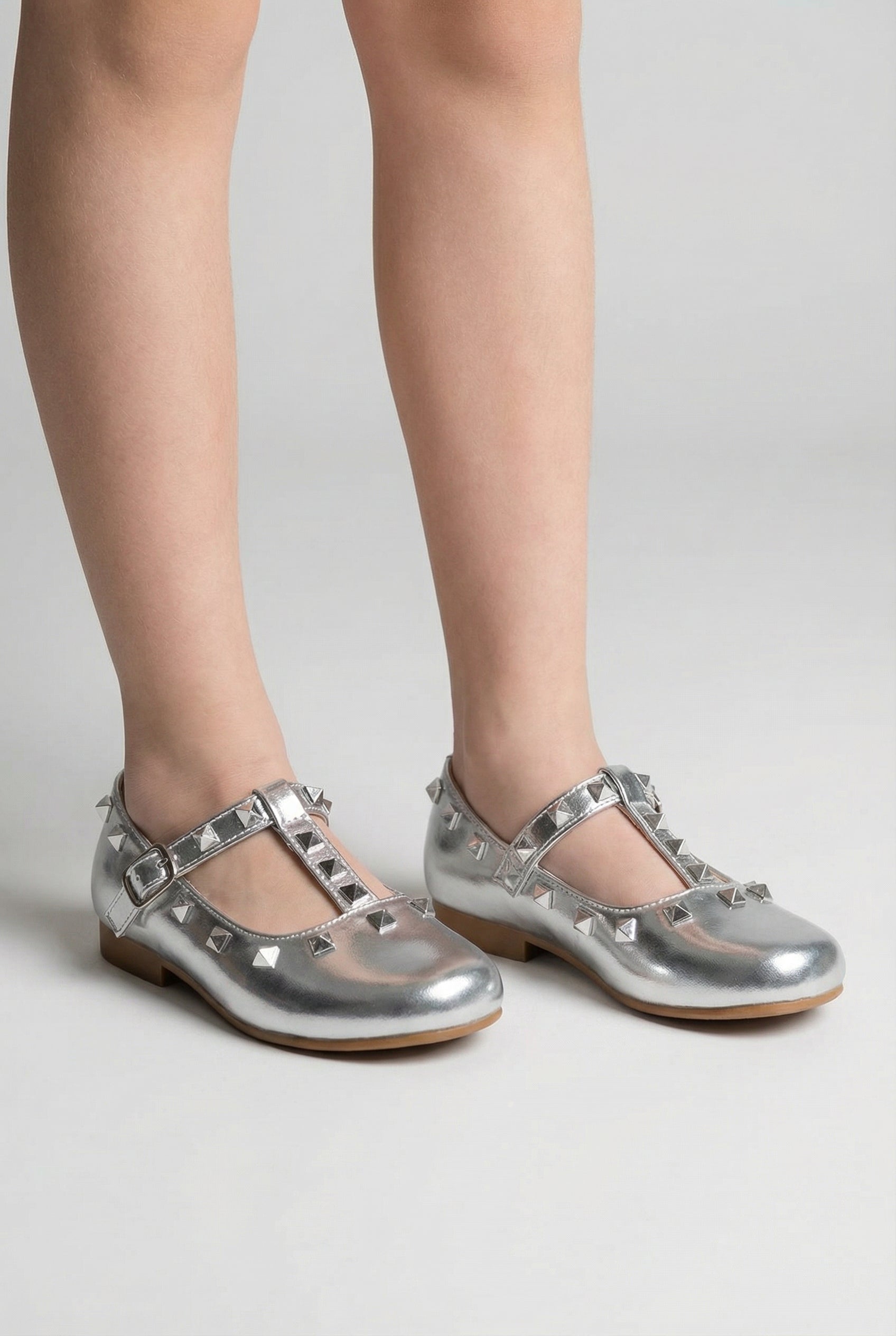 Babies & Girls Metallic Studded Mary Jane Flat Shoes - Vali - Silver Modle Picture