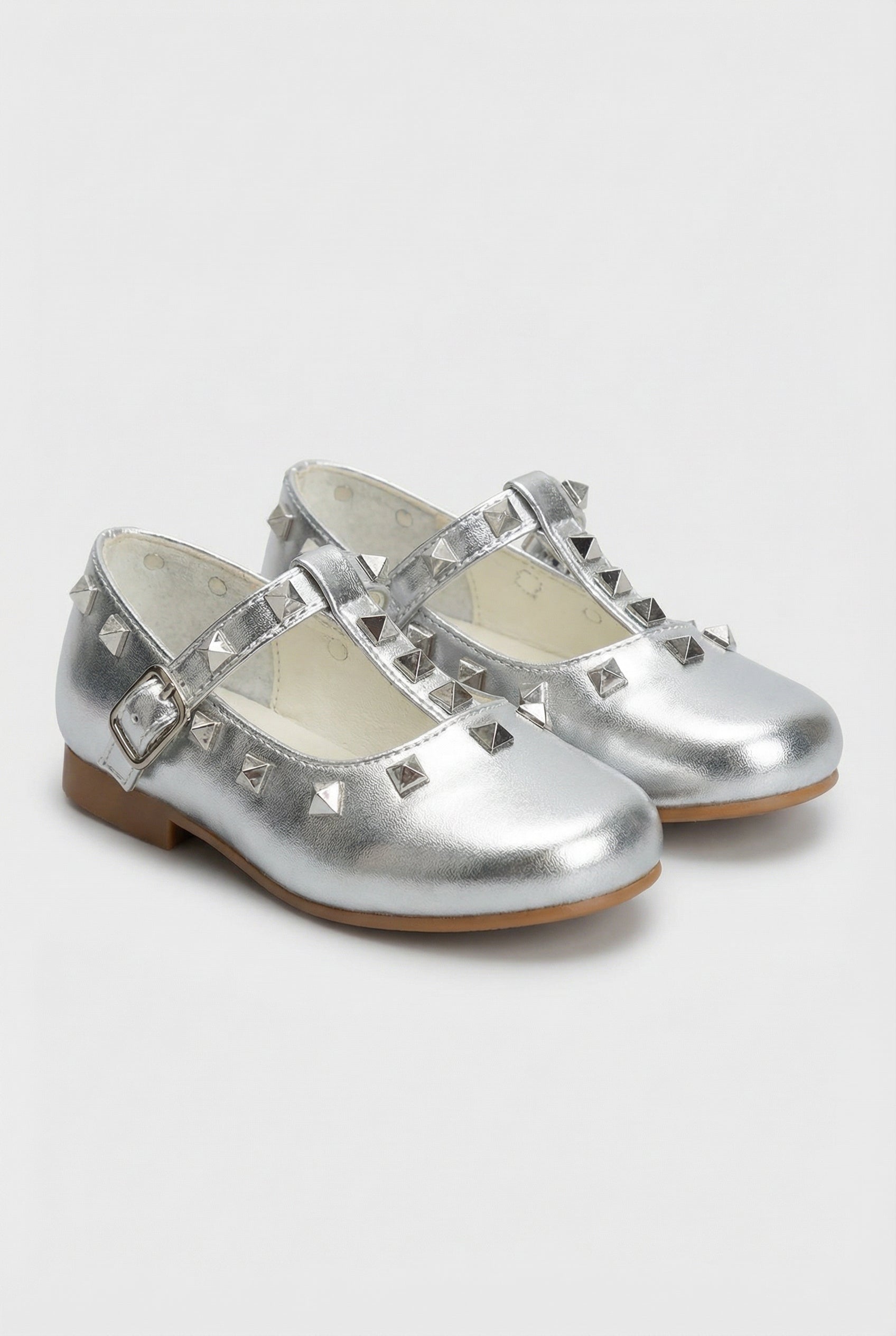 Babies & Girls Metallic Studded Mary Jane Flat Shoes - Vali - SilverPair Side Picture