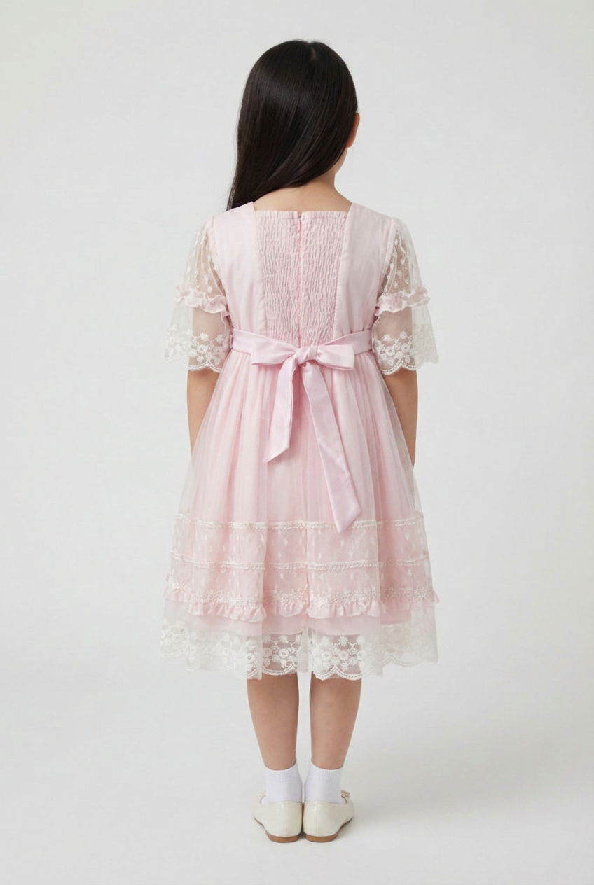 Babies & Girls Pink Lace Trim Dress with Sheer Embroidered Sleeves Modle Back picture