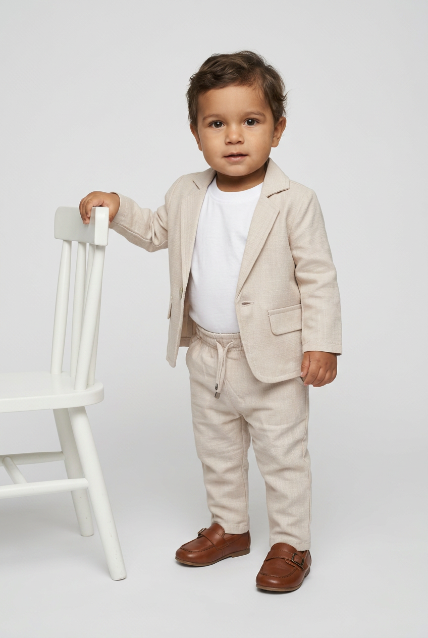 Completo Slim Fit Testurizzato 3 Pezzi per Bambini Maschi con T-Shirt – BASAK - Beige