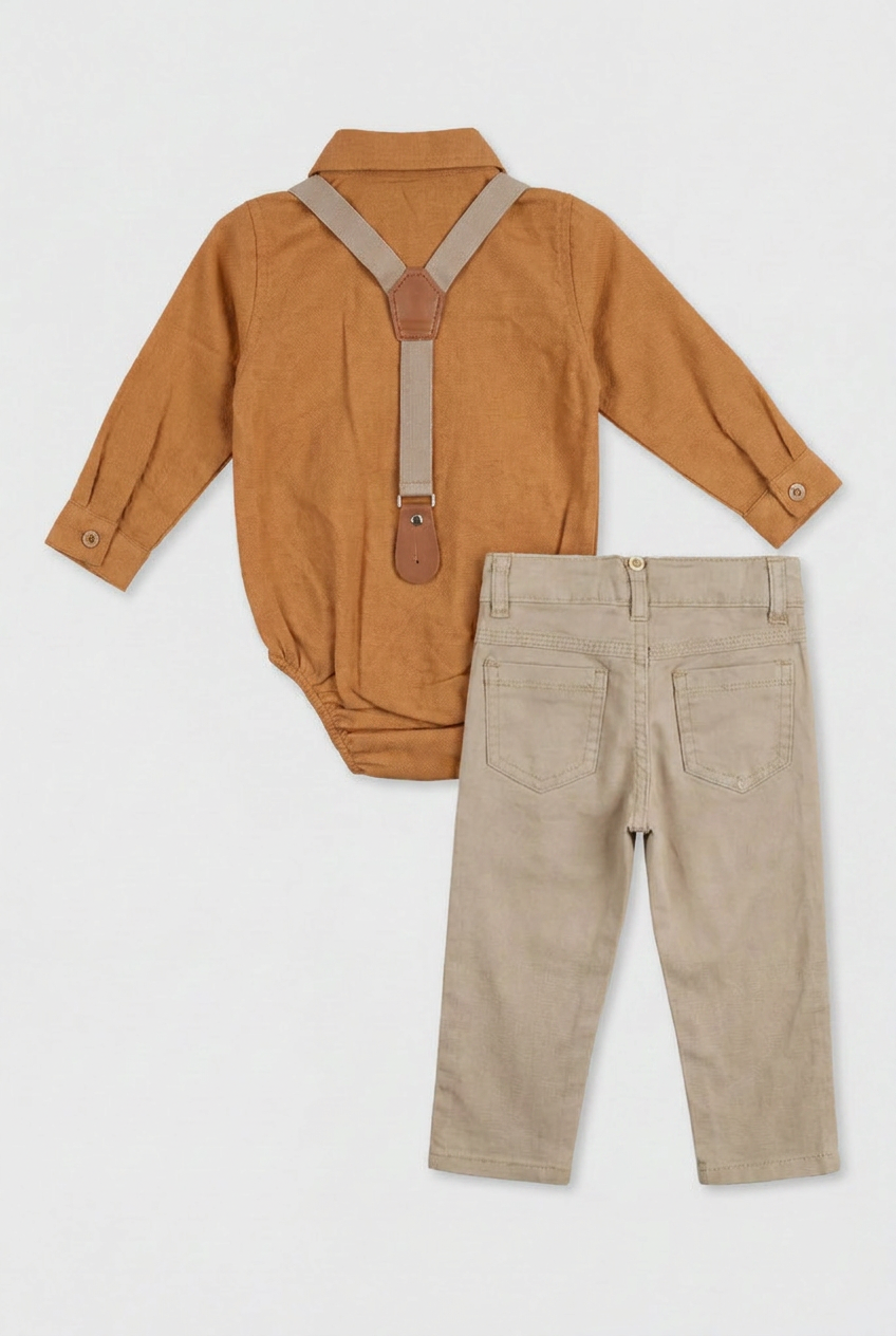 Baby Boys 4-Piece Cotton Gentleman Outfit Set - Cinnamon & Beige Back Picture