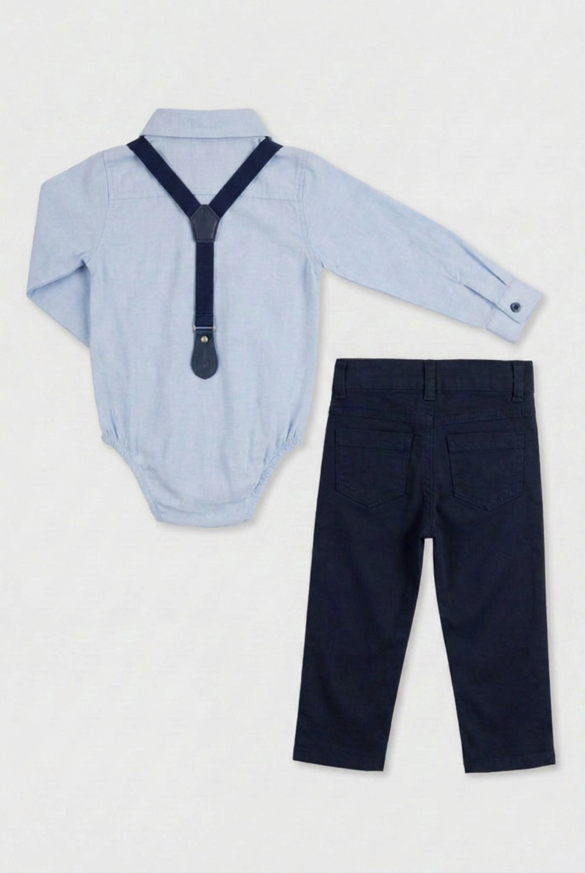 Baby Boys 4-Piece Cotton Gentleman Outfit Set - Light Blue & Navy Blue Back Picture