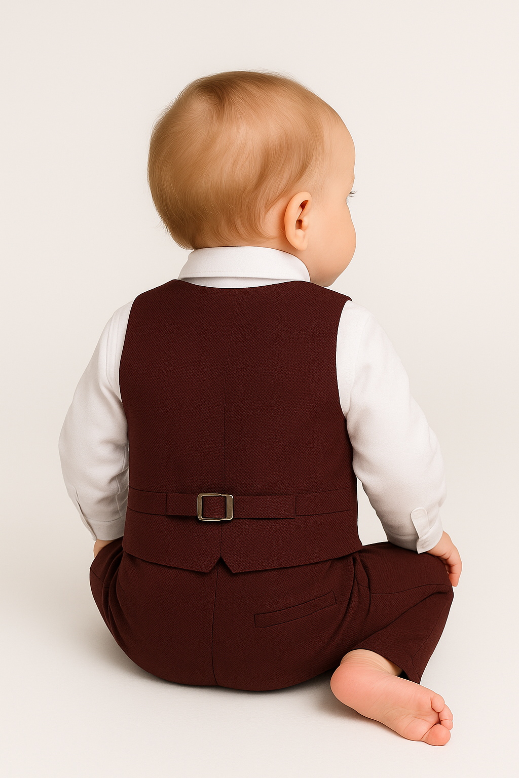 Baby Boys 4-Piece Cotton Waistcoat Suit Set - DAMATLIK - Burgundy Back Picture