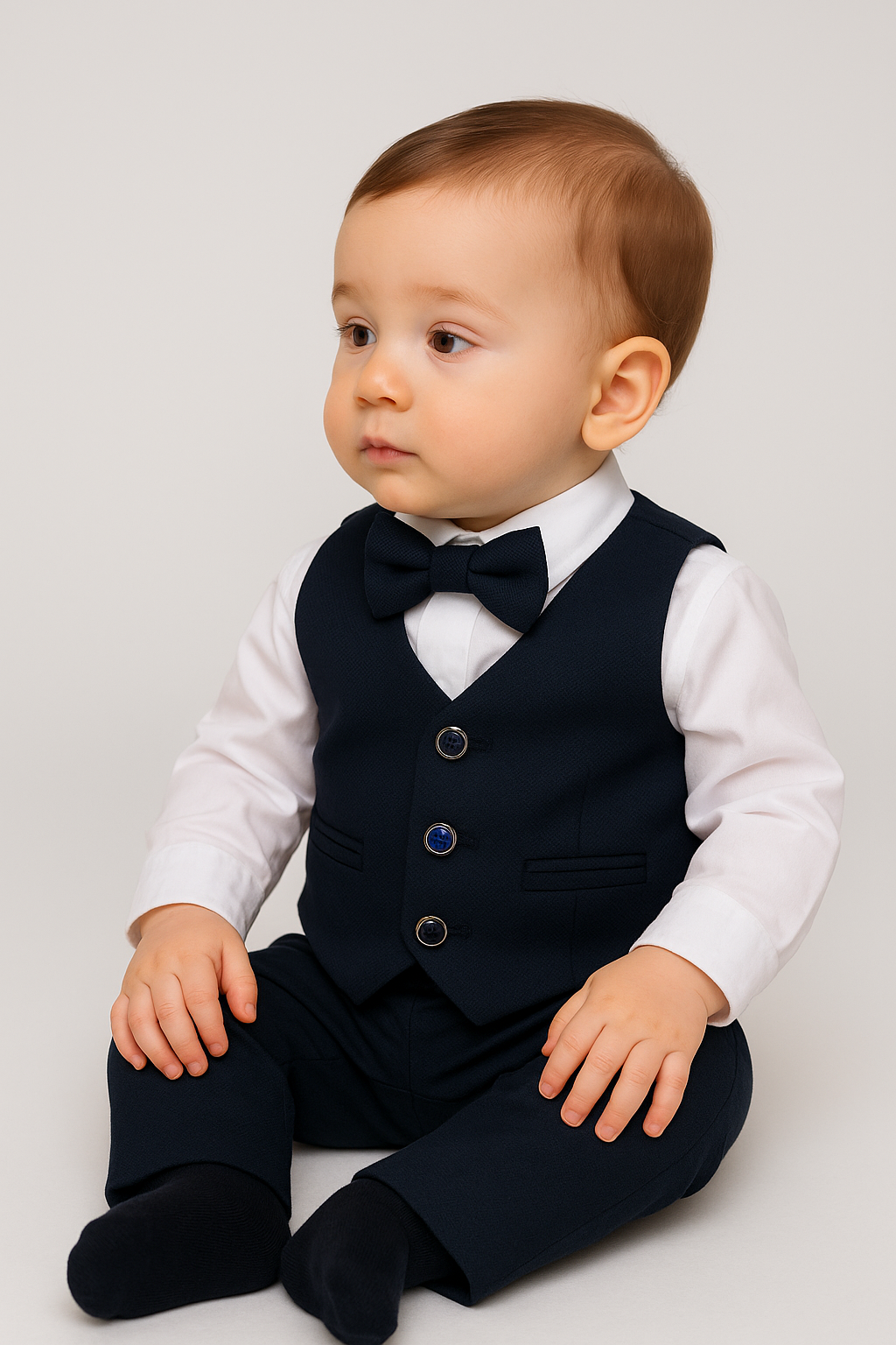 Baby Boys 4-Piece Cotton Waistcoat Suit Set - DAMATLIK - Dark Navy Modle Picture