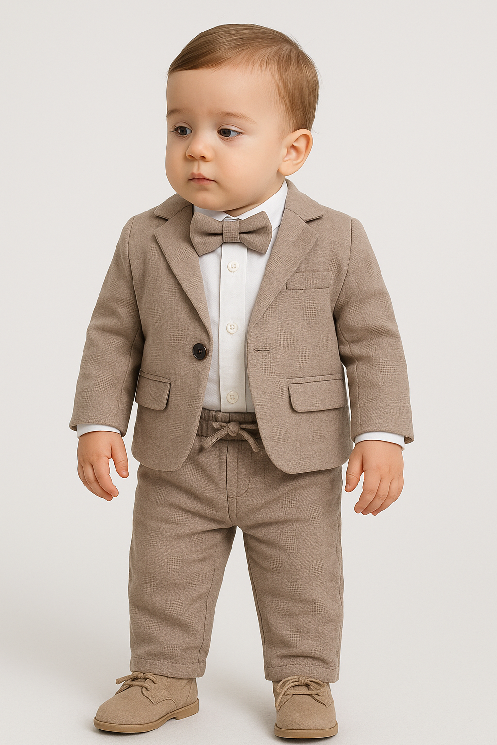 Baby Boys 4-Piece Slim Fit Textured Formal Suit - BASAK - Tan Brown Front Picture