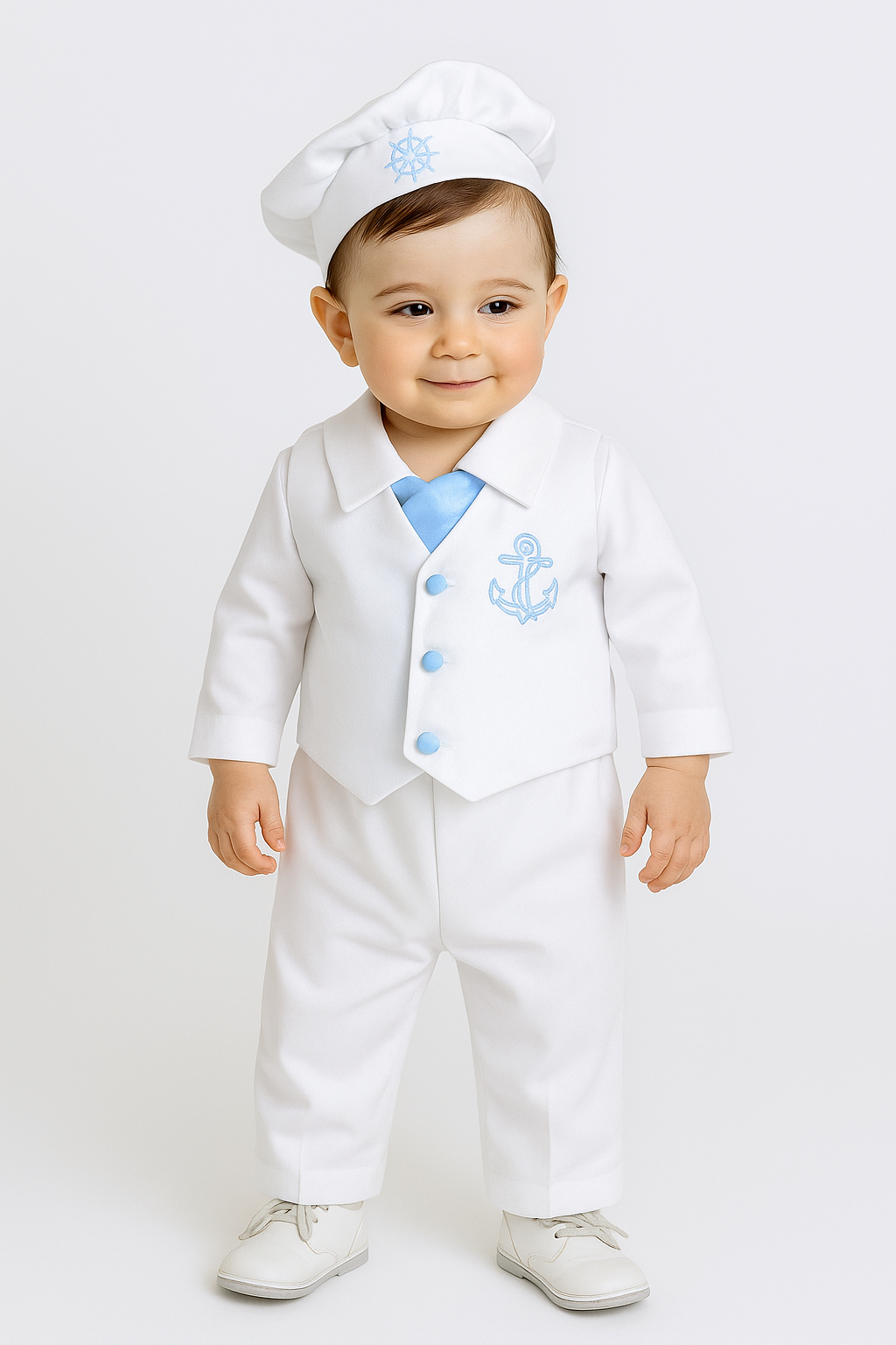 Baby Boys 5 Piece Sailor Christening Suit - NELSON - White & Sky Blue Model Picture