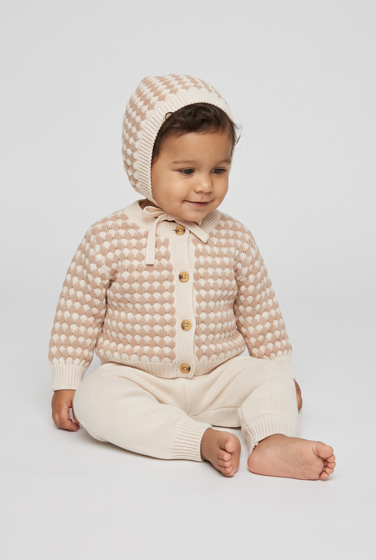 Baby Boys Bubble Knit Cardigan, Joggers & Bonnet 3-Piece Set - 26017 Brown Model Picture
