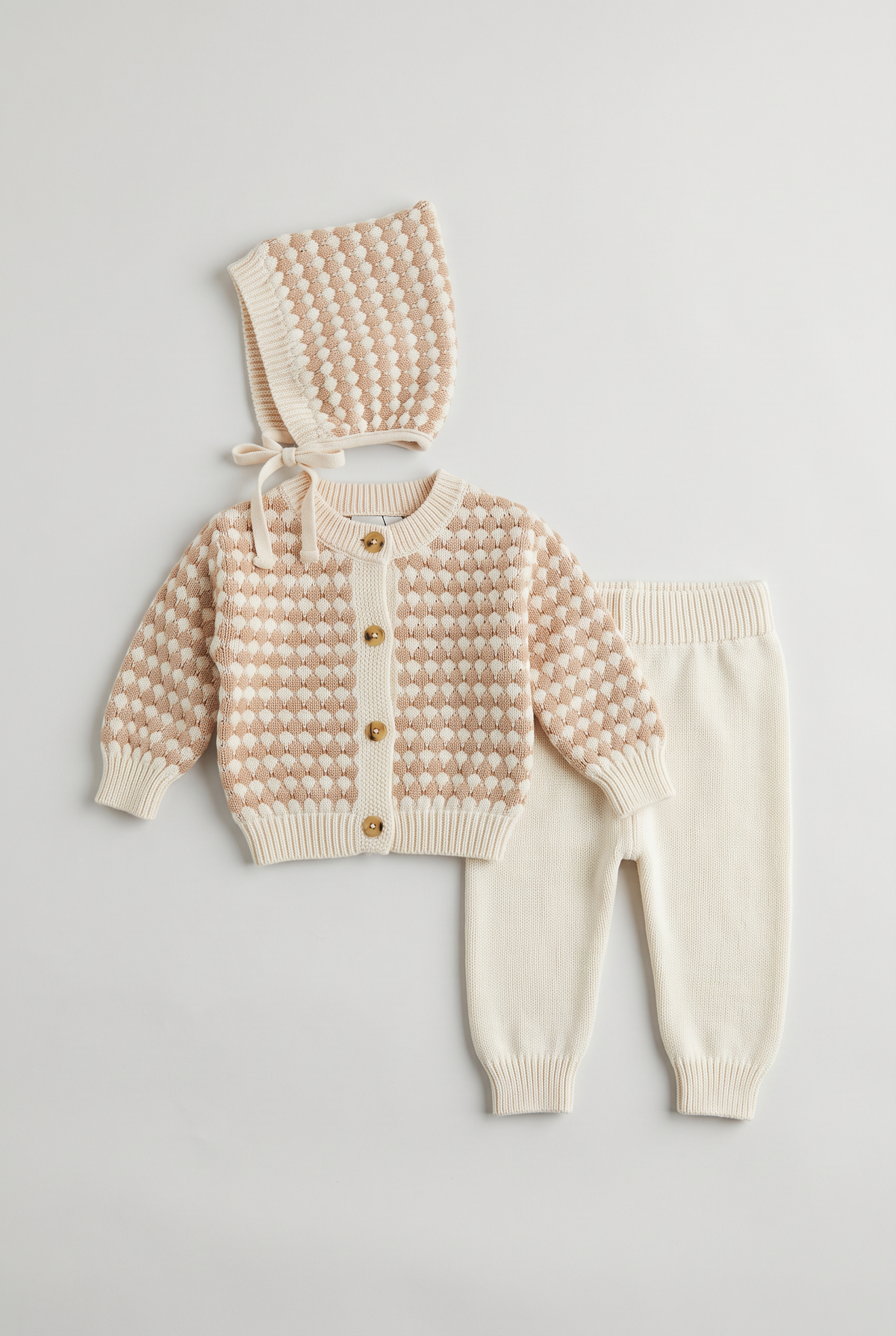 Baby Boys Bubble Knit Cardigan, Joggers & Bonnet 3-Piece Set - 26017 Brown Picture