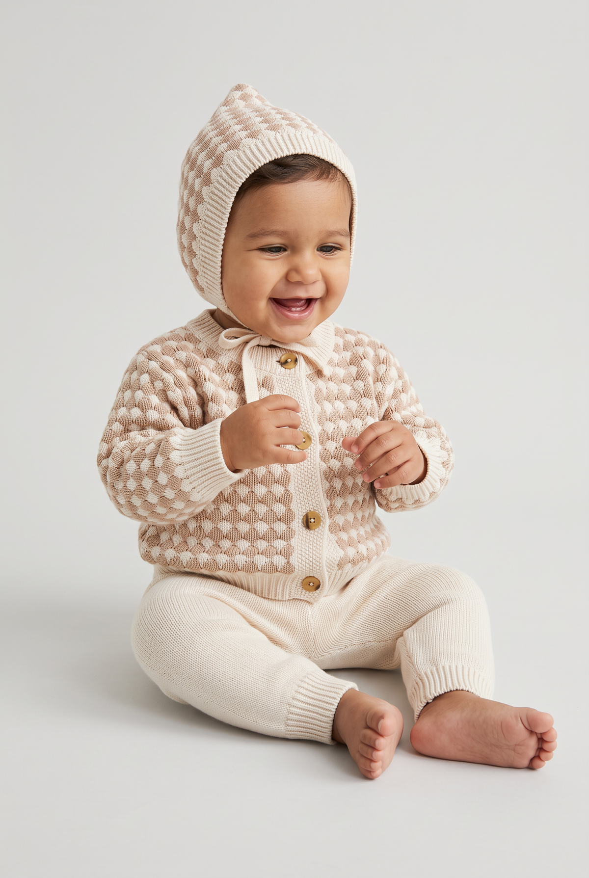 Baby Boys Bubble Knit Cardigan, Joggers & Bonnet 3-Piece Set - 26017 Brown