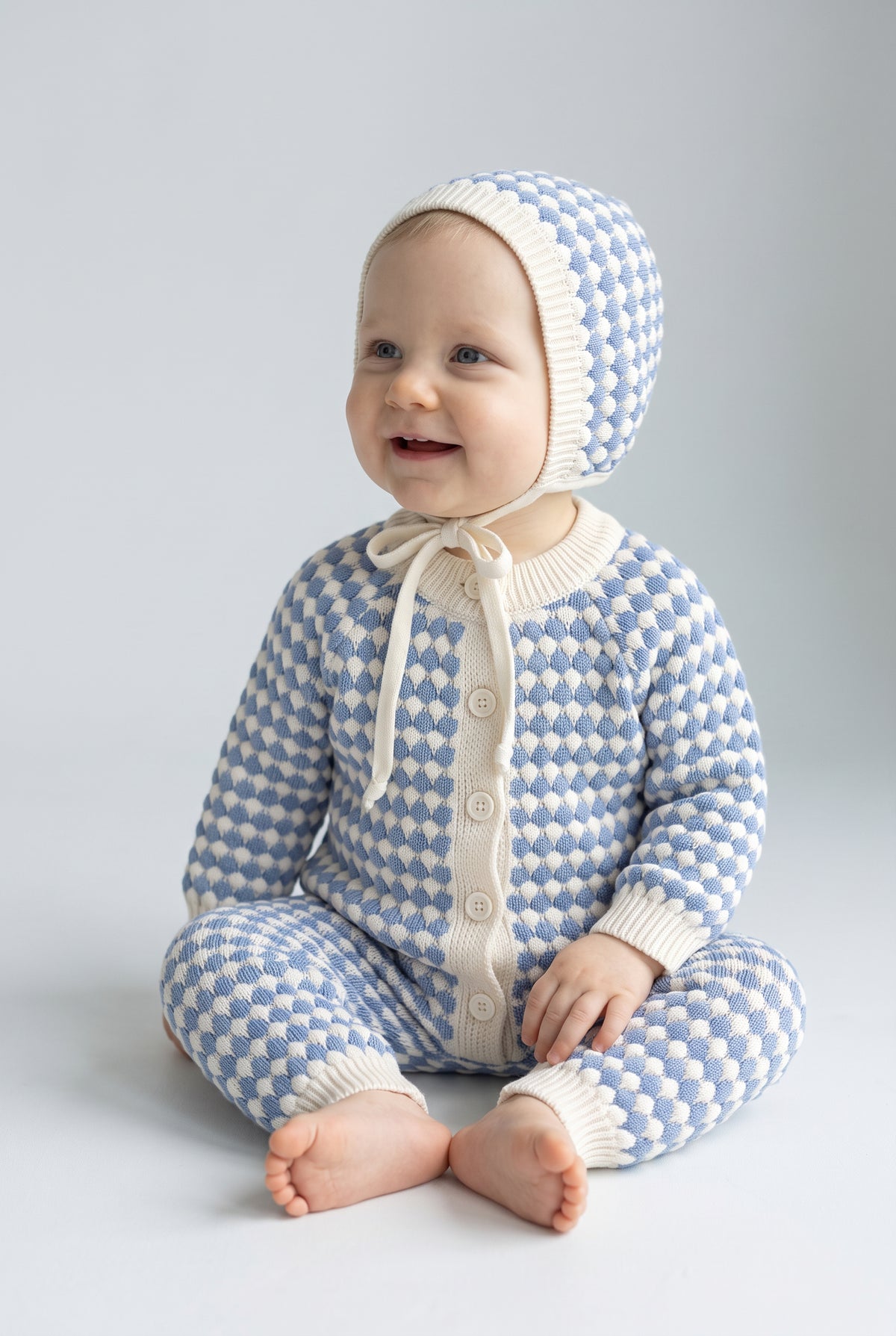Baby Boys Bubble Knit Romper & Bonnet 2-Piece Set - 26016  Blue Model Picture