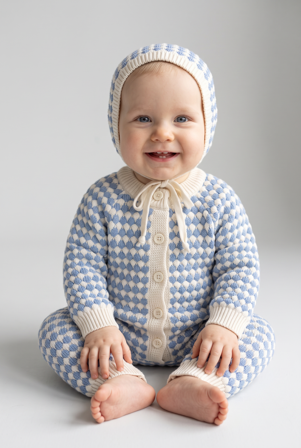 Baby Boys Bubble Knit Romper & Bonnet 2-Piece Set - 26016  Blue Front Picture