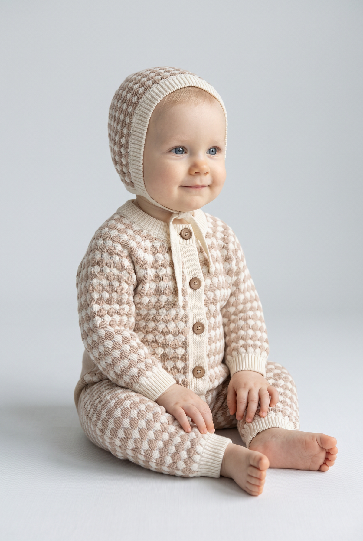 Baby Boys Bubble Knit Romper & Bonnet 2-Piece Set - 26016  Brown Model Picture