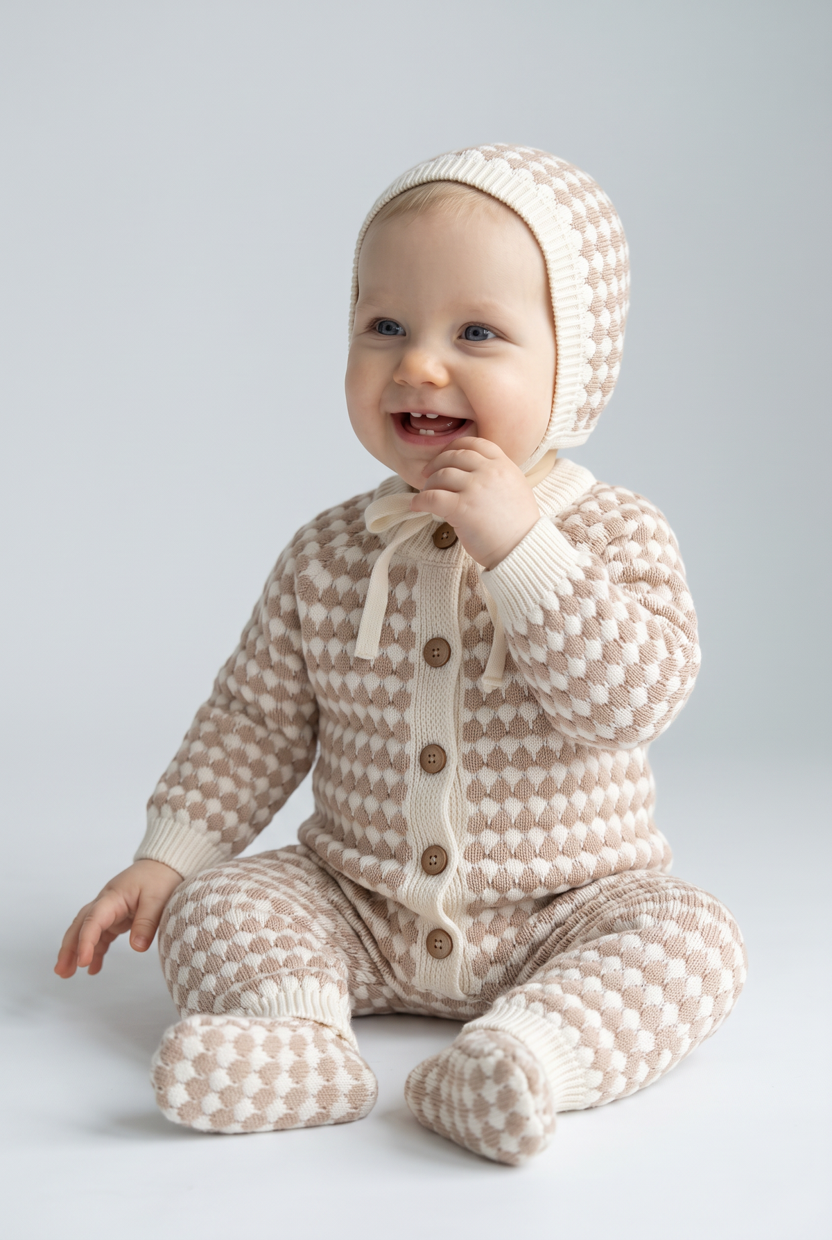 Baby Boys Bubble Knit Romper & Bonnet 2-Piece Set - 26016  Brown Front Picture