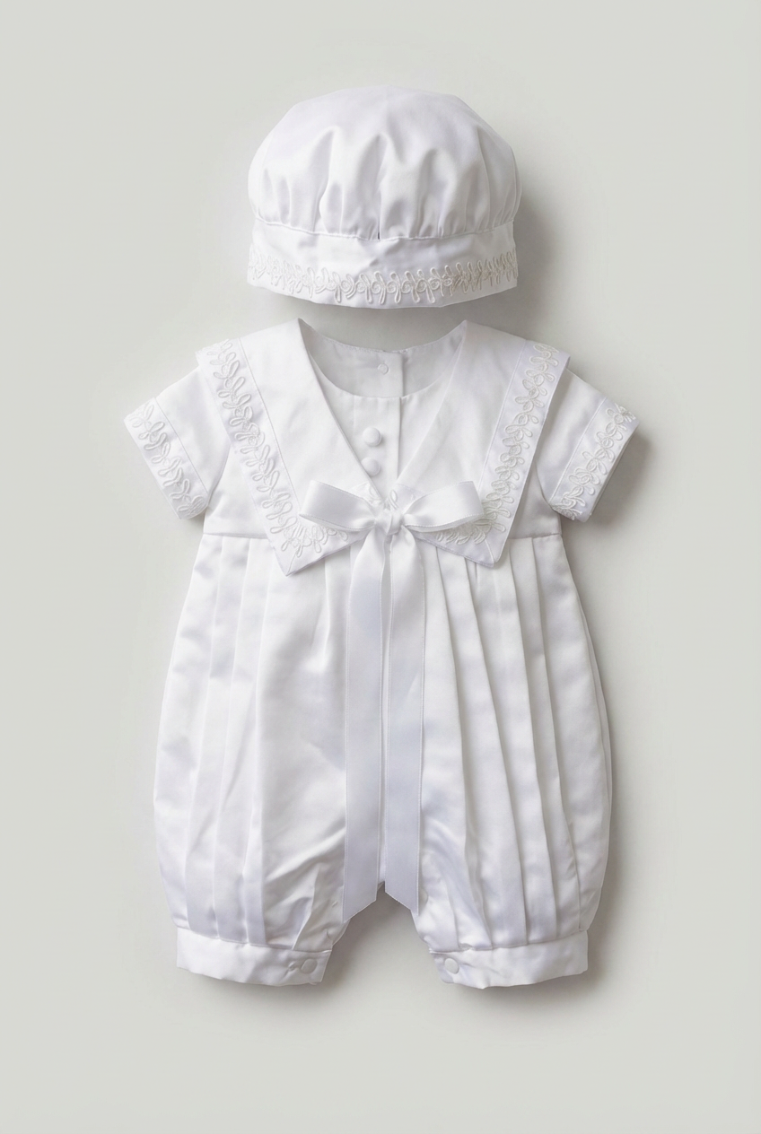 Taufanzug-Set für Babyjungen mit Matrosenkragen und passendem Hut – Weiß