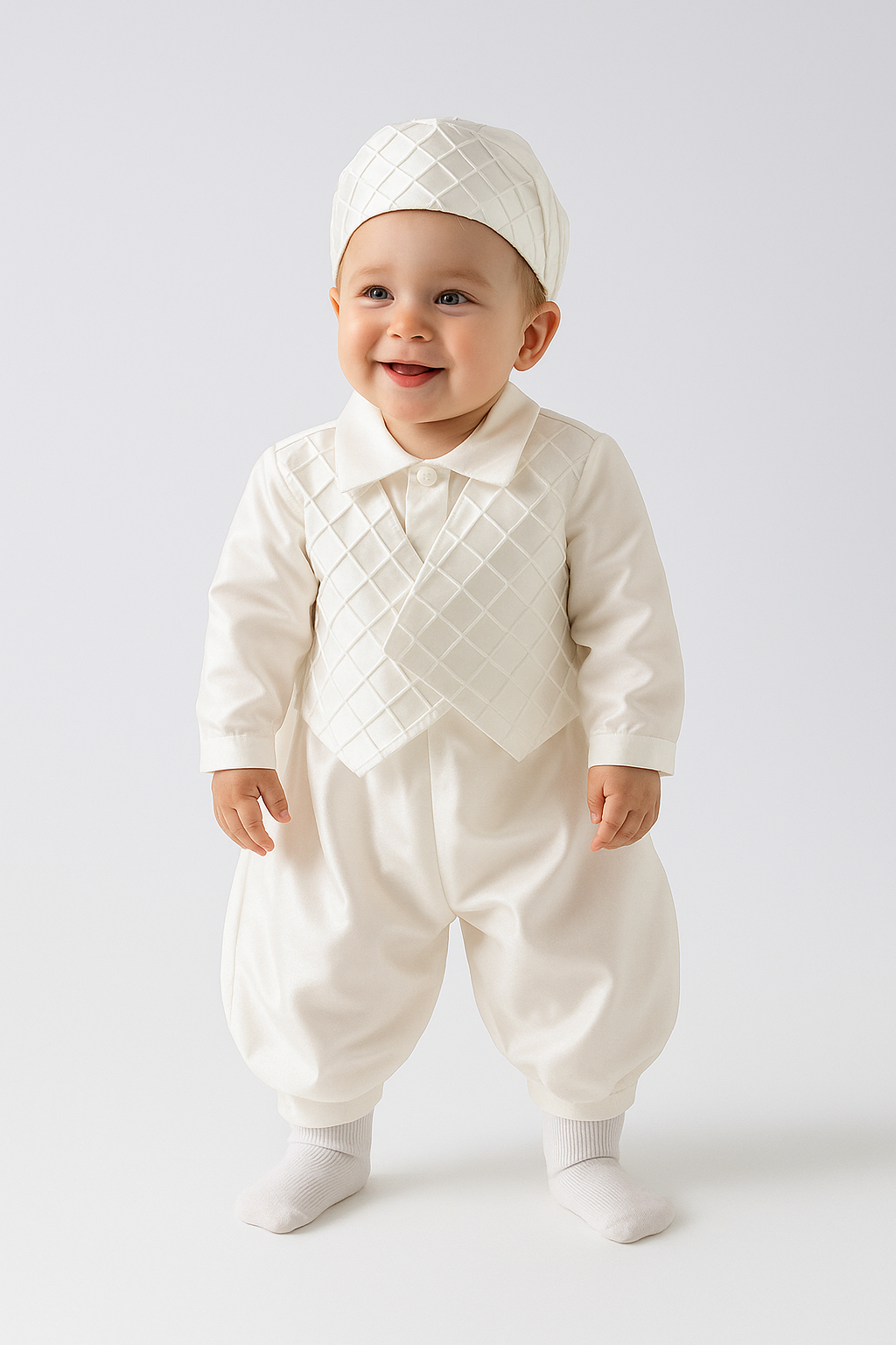 Baby Boys Christening Quilted Romper with Hat - PATRICK - Ivory Model Picture