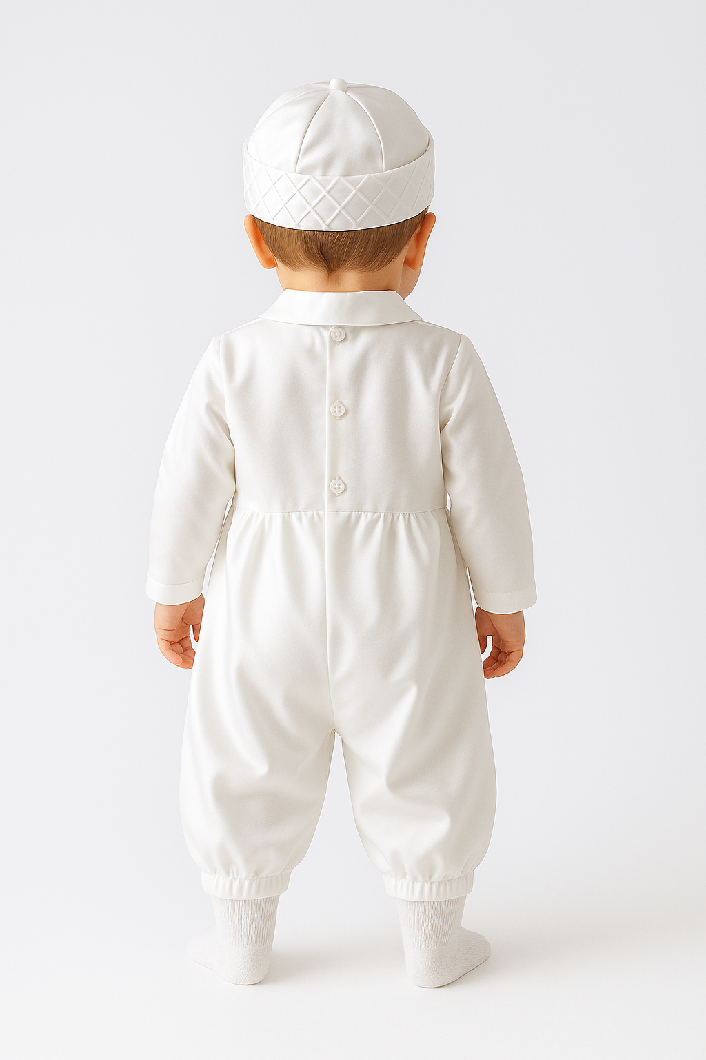 Baby Boys Christening Quilted Romper with Hat - PATRICK - White
