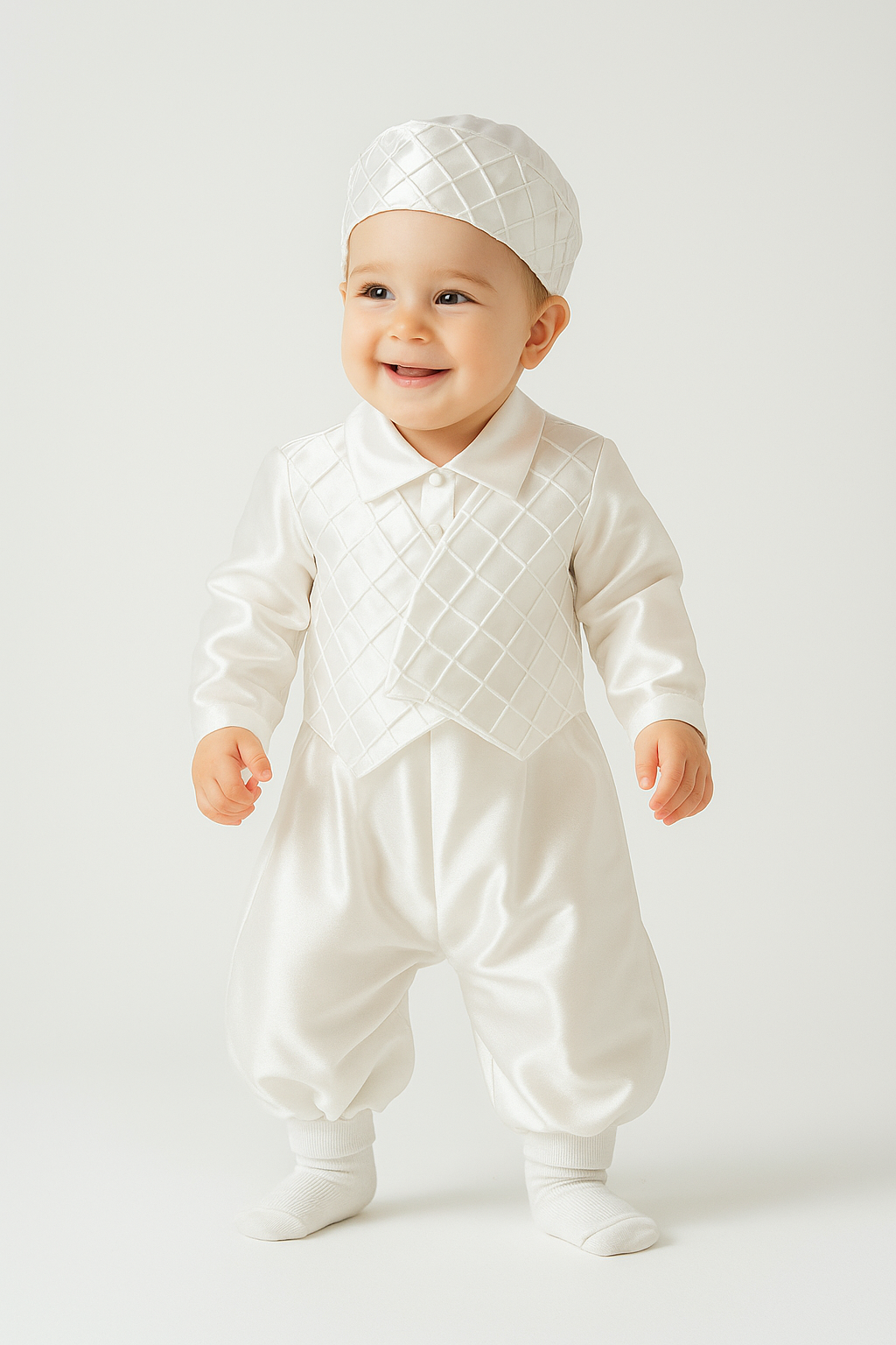 Baby Boys Christening Quilted Romper with Hat - PATRICK - White Model Picture