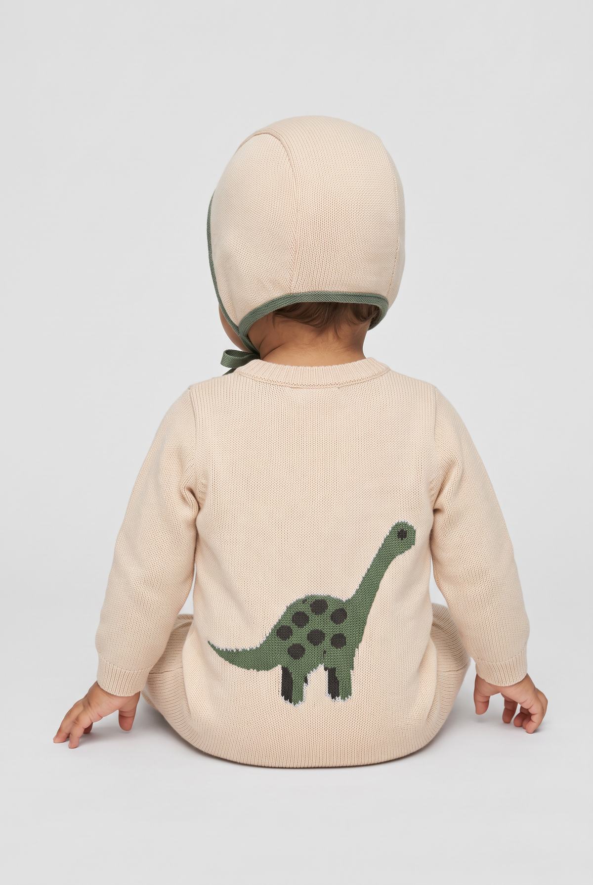 Baby Boys Dinosaur Knitted Romper & Bonnet 2-Piece Set - 26061 Ivory Model Back  Picture