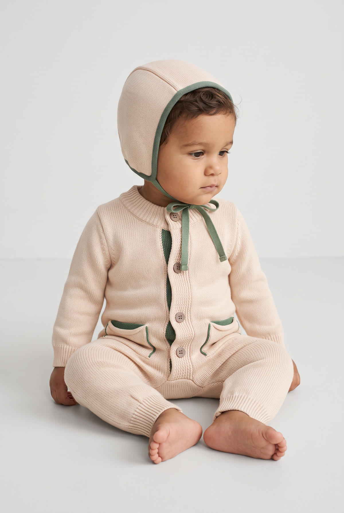 Baby Boys Dinosaur Knitted Romper & Bonnet 2-Piece Set - 26061 Ivory Model  Picture