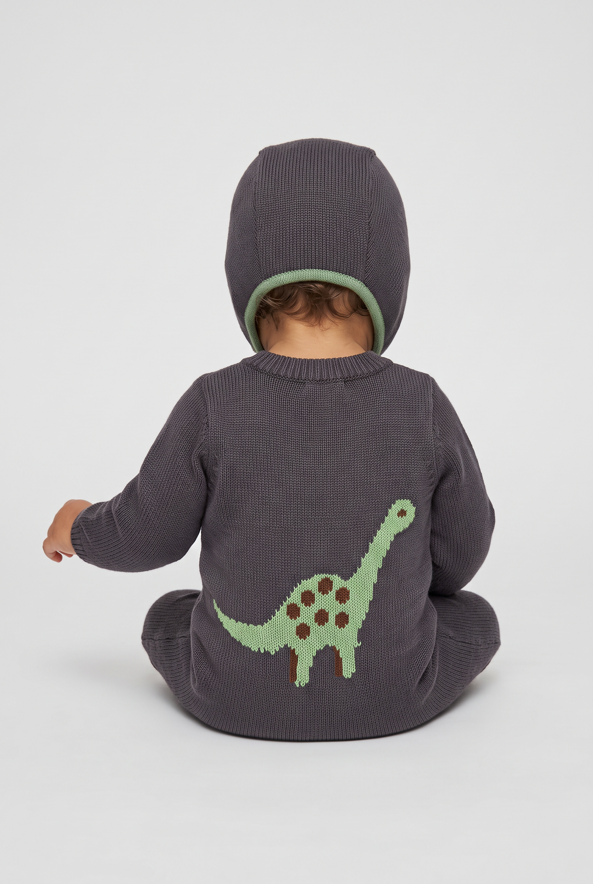 Baby Boys Dinosaur Knitted Romper & Bonnet 2-Piece Set - 26061 Navy  Model  Back Picture
