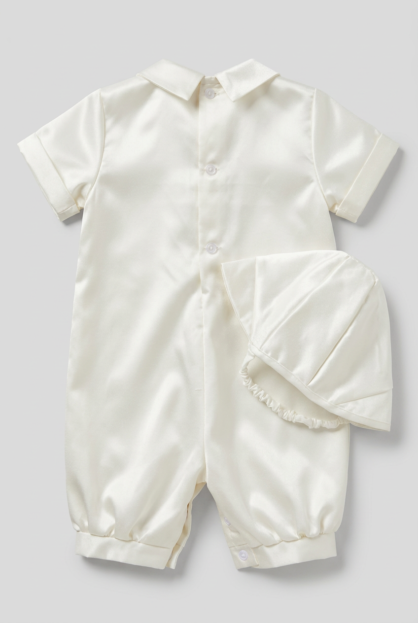 Baby Boys Ivory Satin Christening Romper & Matching Bonnet Set