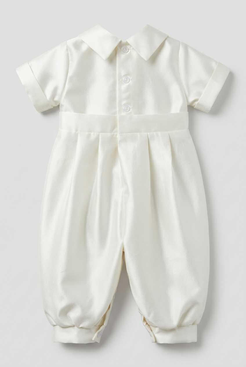 Baby Boys Ivory Satin Long-Leg Christening Romper & Matching Bonnet Set