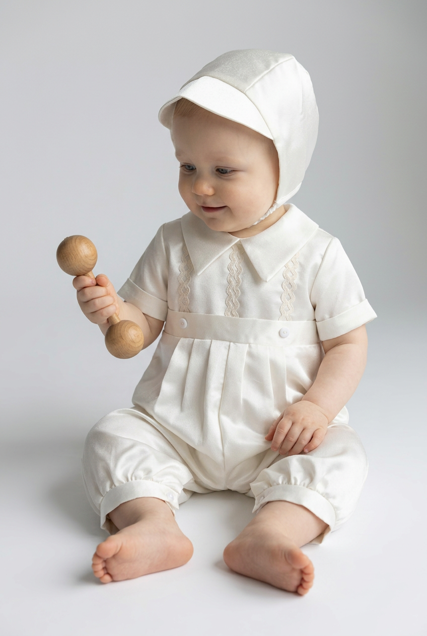 Baby Boys Ivory Satin Long-Leg Christening Romper & Matching Bonnet Set