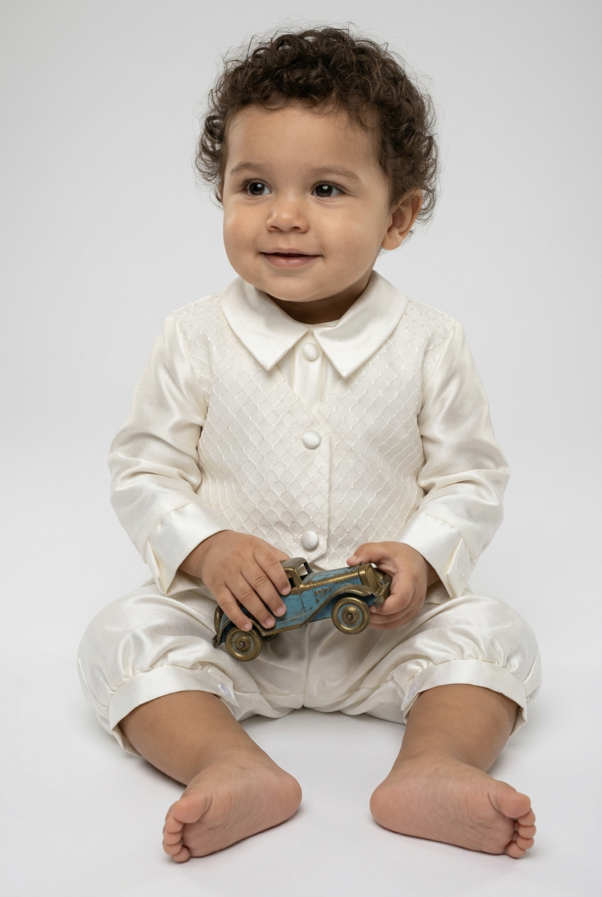 Baby Boys Ivory Satin Textured Waistcoat Christening Romper & Matching Bonnet Set