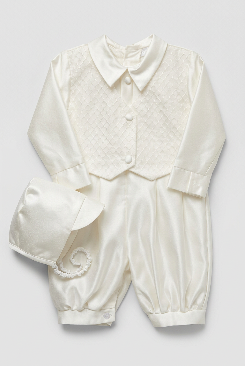 Baby Boys Ivory Satin Textured Waistcoat Christening Romper & Matching Bonnet Set