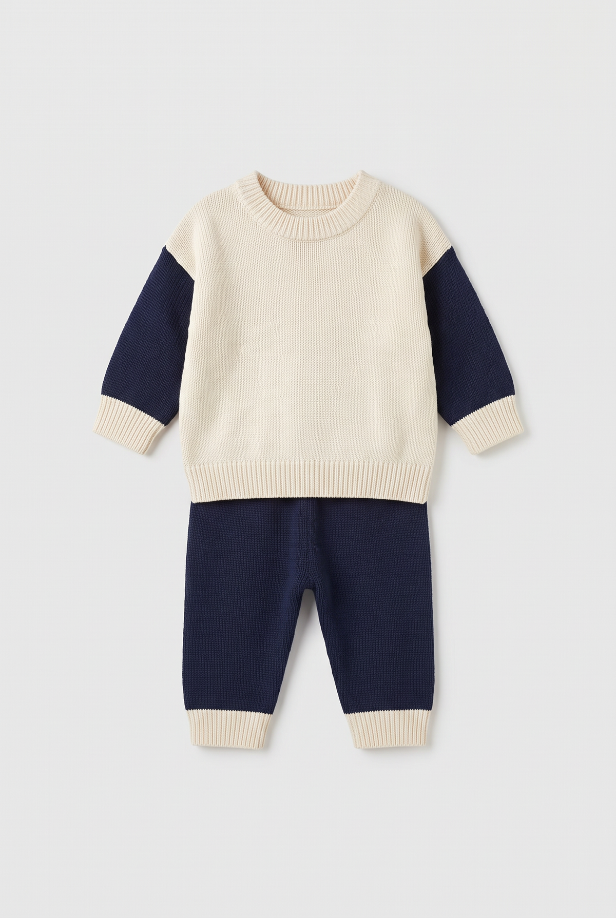 Ensemble 2 pièces pour bébé garçon, pull en tricot et pantalon de jogging - 2638 - bleu marine crème