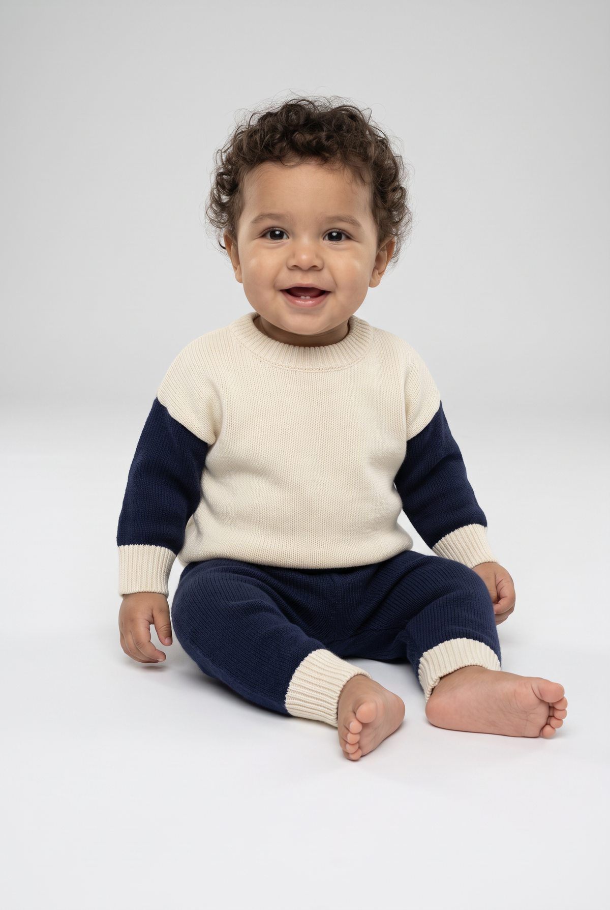 Ensemble 2 pièces pour bébé garçon, pull en tricot et pantalon de jogging - 2638 - bleu marine crème