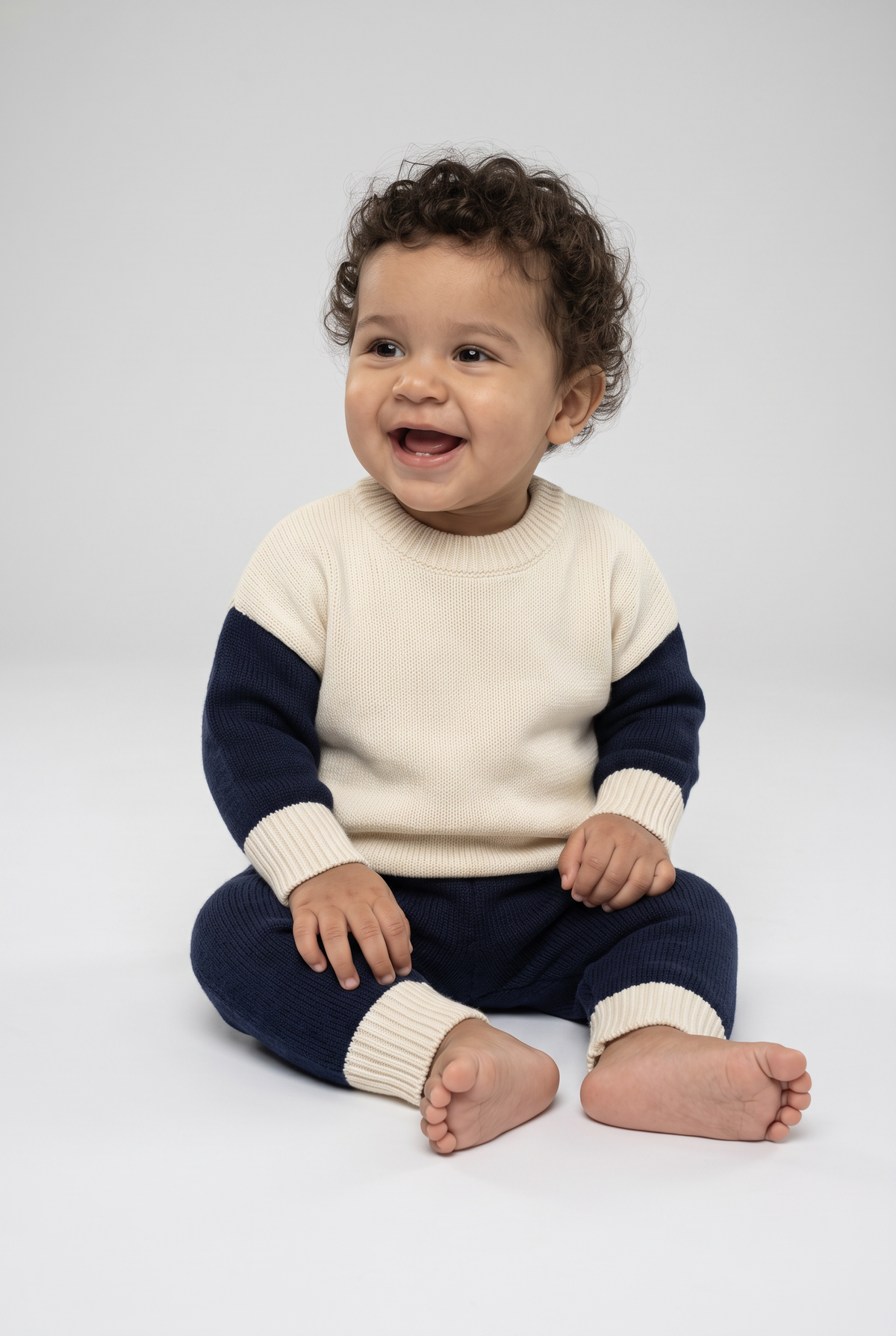 Ensemble 2 pièces pour bébé garçon, pull en tricot et pantalon de jogging - 2638 - bleu marine crème