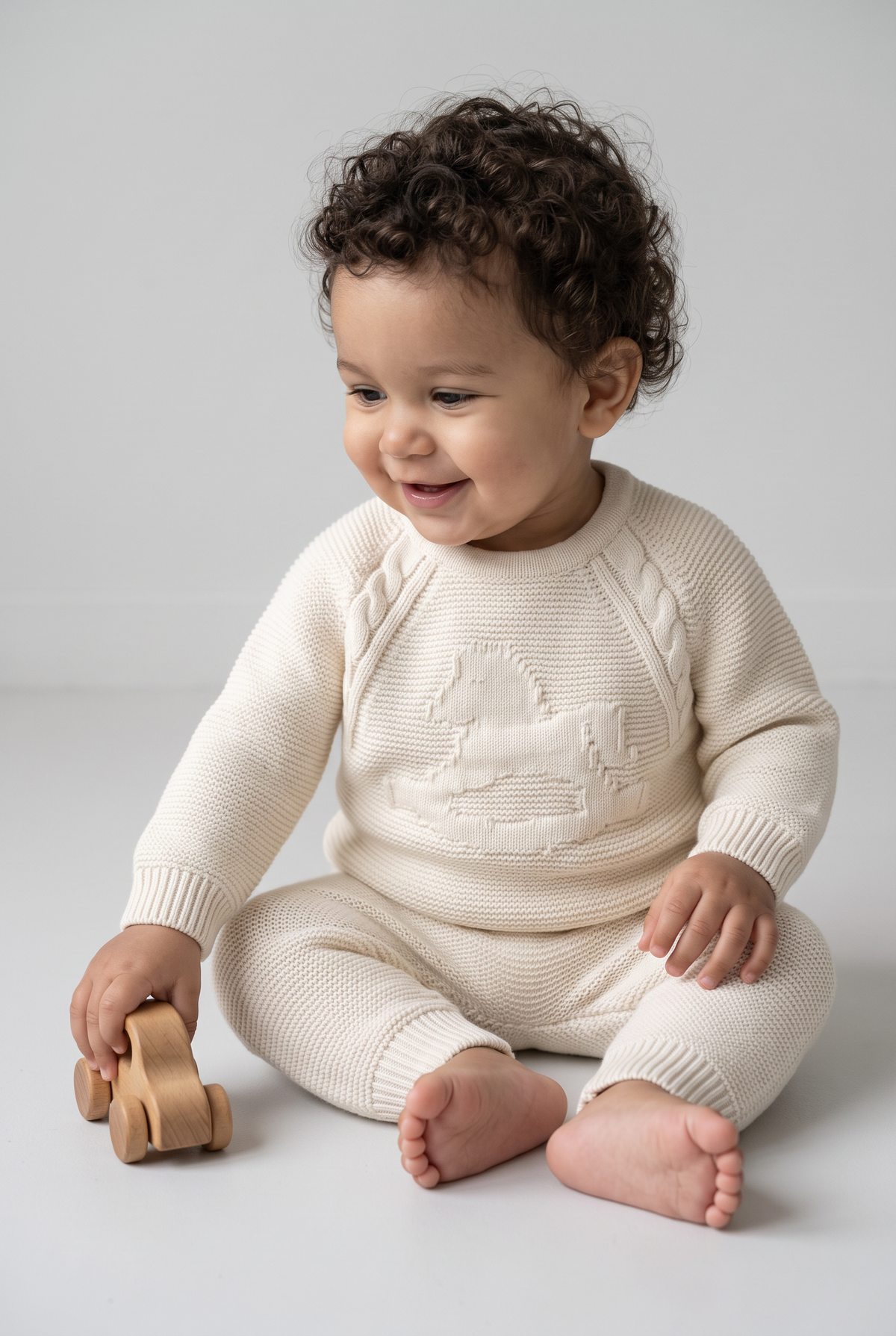 Gestricktes Pullover- und Jogginghosen-Set mit Schaukelpferd für Babyjungen, 2-teilig – 26010 Elfenbein
