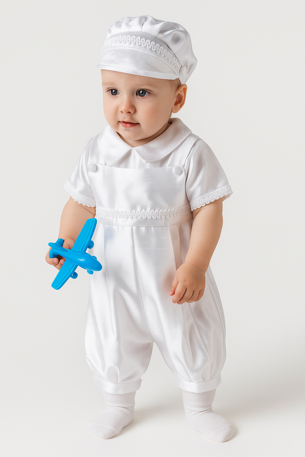 Baby Boys White Christening Romper Set - BEN - White Model Picture