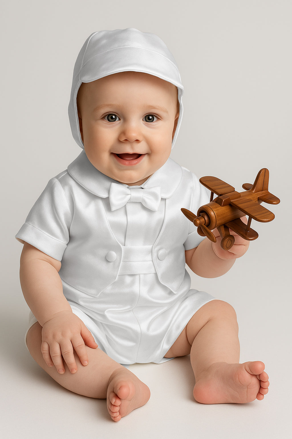 Baby Boys White Christening Romper with Bonnet - ARLO - White 