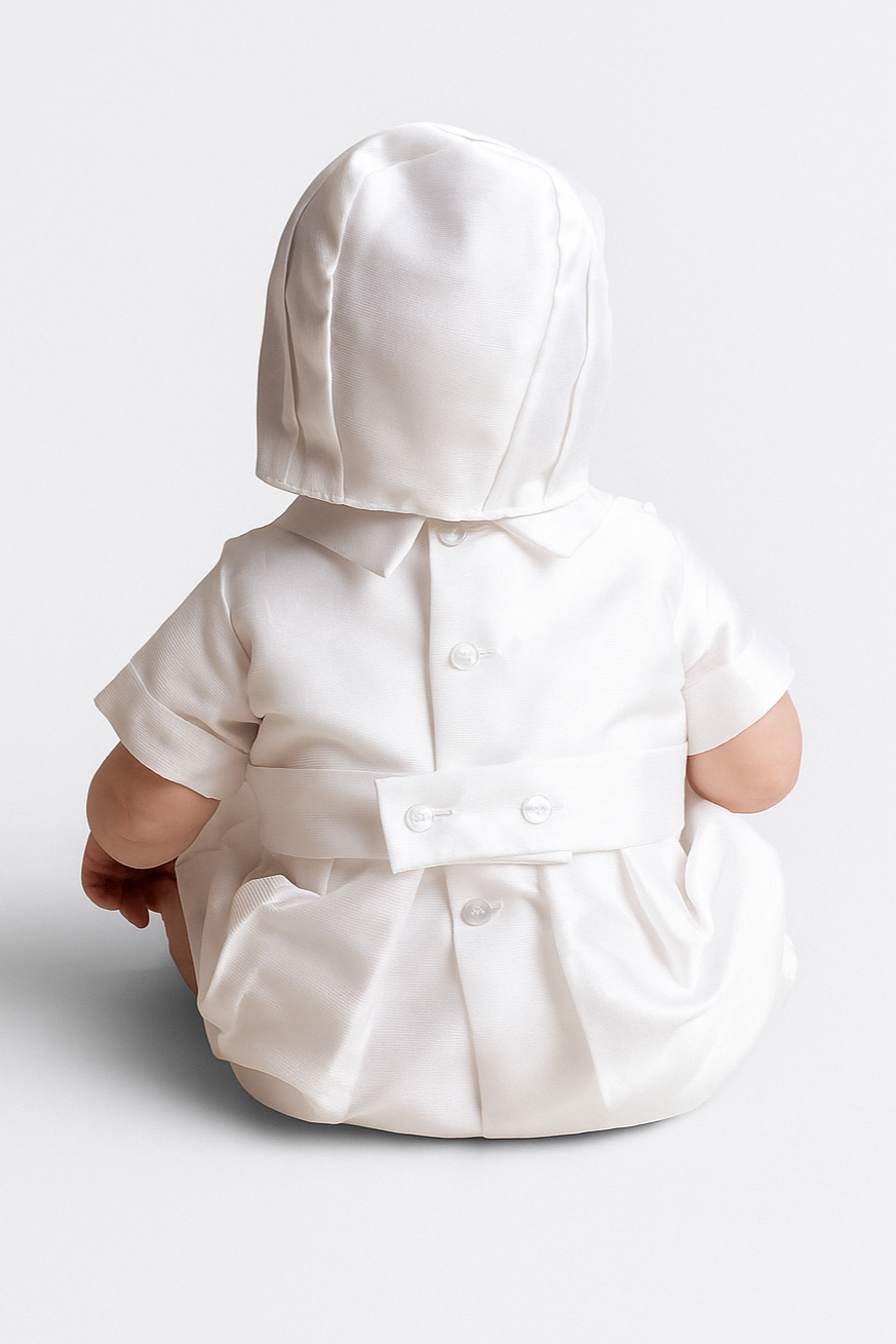 Baby Boys White Christening Romper with Bonnet - ARLO - White