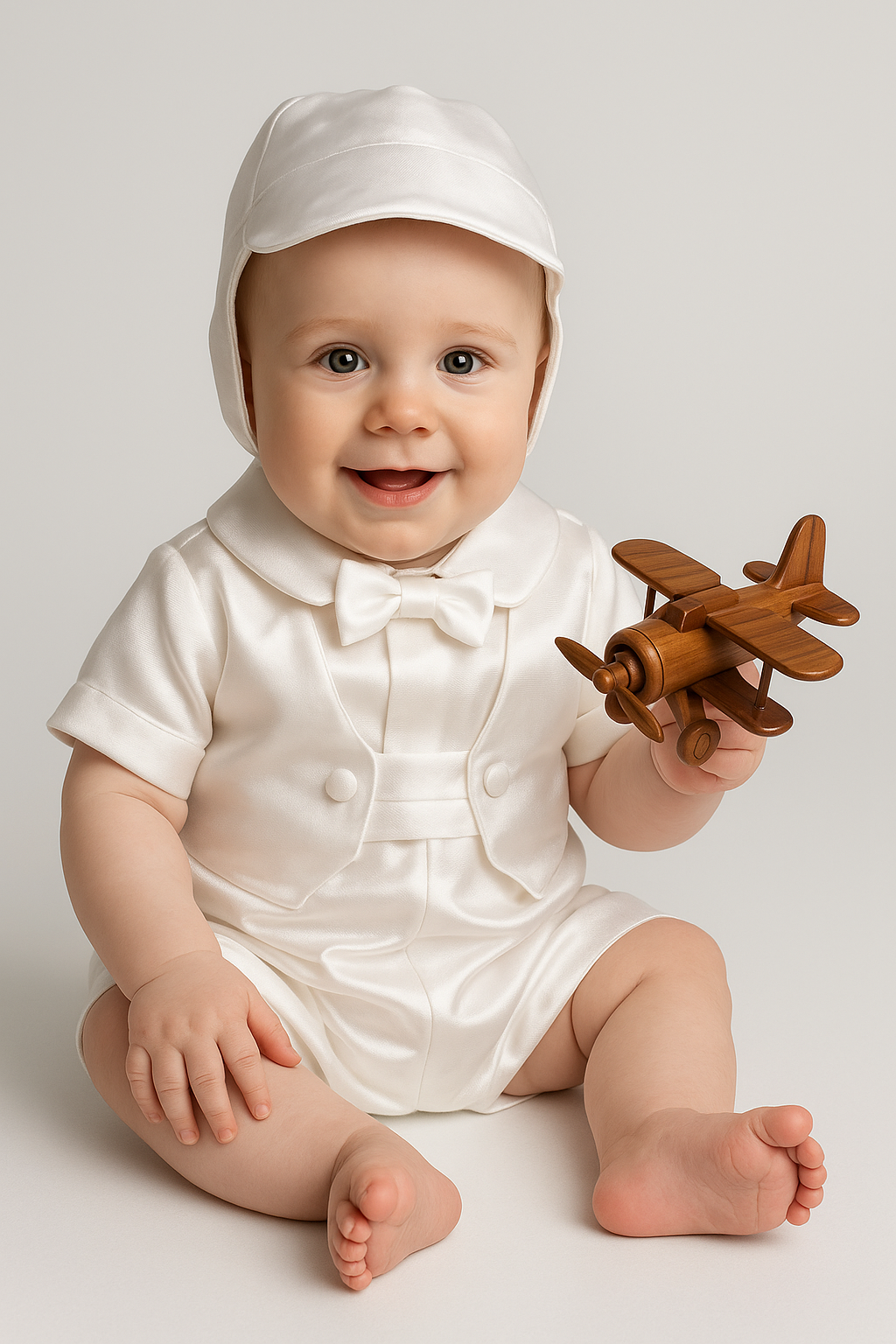 Baby Boys White Christening Romper with Bonnet - ARLO - White Model Picture