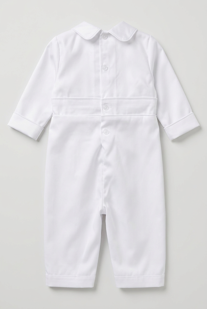 Baby Boys White Embroidered Christening Romper & Matching Bonnet Set